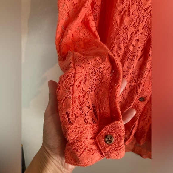 Volcom Orange Coral Peach floral Lace crochet knit Button down top small NWT - Picture 7 of 13